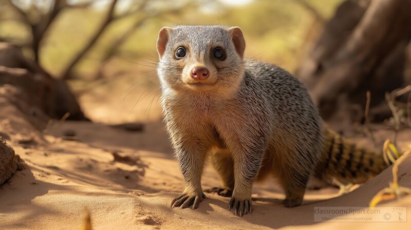 A curious banded mongoose stands on sandy ground scanning its surroundings in Samburu National Reserve Kenya. This vibrant wildlife moment showcases its natural behavior in the wild.