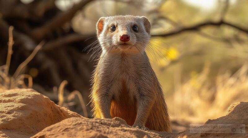 A banded mongoose stands confidently on the sandy ground surveying its surroundings in Samburu National Reserve Kenya. The warm light highlights its curious expression and furry coat.