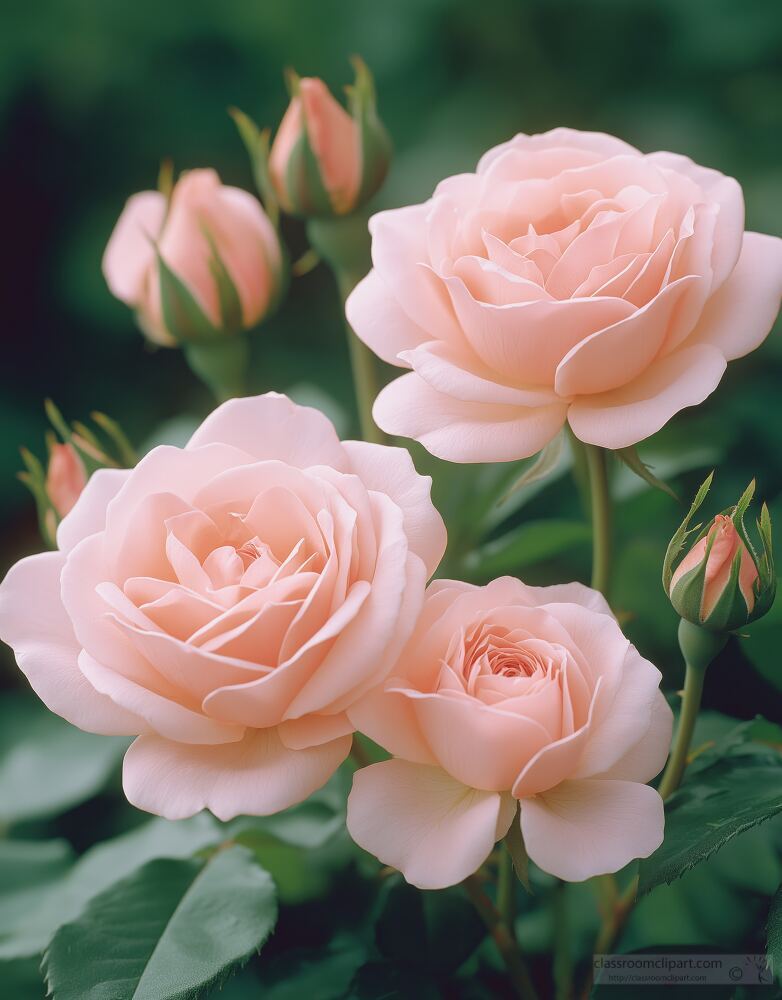 A cluster of soft pink roses blooms gracefully surrounded by lush green foliage. The delicate flowers showcase layers of petals evoking a sweet fragrance. Budding roses hint at future blossoms.