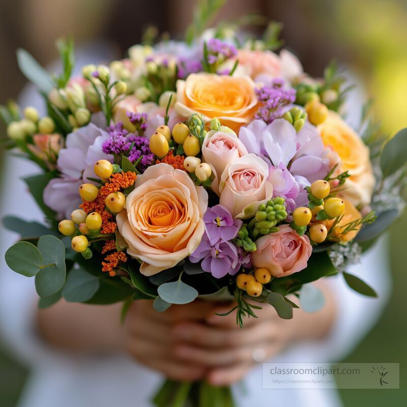 A person holds a vibrant bouquet filled with roses orchids and berries The arrangement displays an array of colors surrounded by greenery creating a fresh and cheerful atmosphere