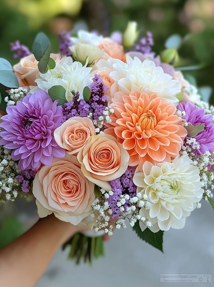 A bride holds a stunning bouquet of orange pink white and purple flowers. Dahlias roses and lavender create a romantic display perfect for an outdoor wedding.