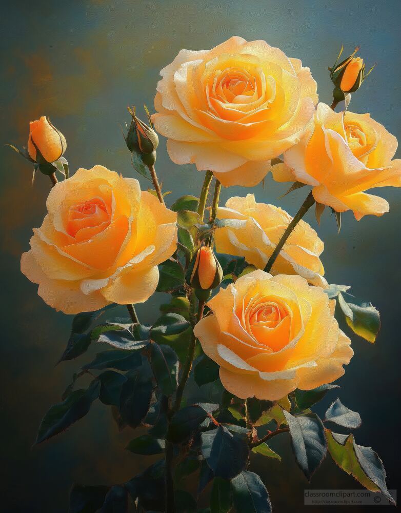 A bouquet of vibrant yellow roses showcases delicate petals and lively hues radiating warmth as they bask in the sunlight. A perfect display of nature