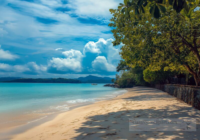 This tranquil Langkawi beach features soft white sand and clear blue waters under a bright sky Lush greenery lines the shoreline creating a peaceful atmosphere for relaxation