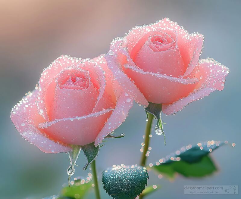 Beautiful Pink Roses Glistening With Dew