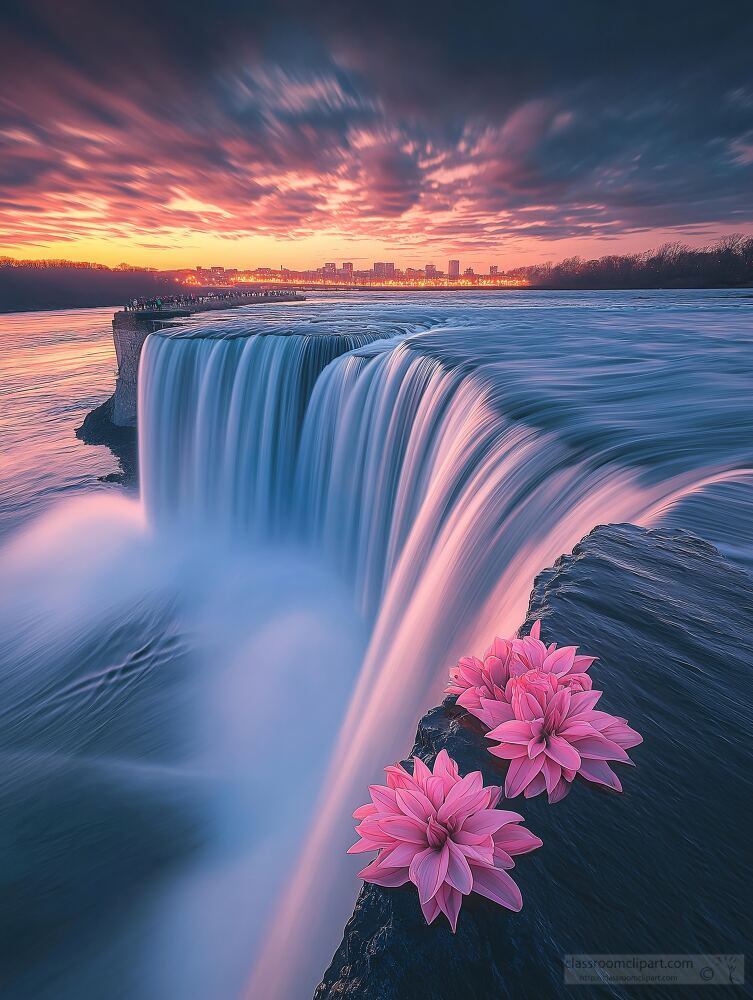 Beautiful Sunset Over Horseshoe Falls With Pink Flowers