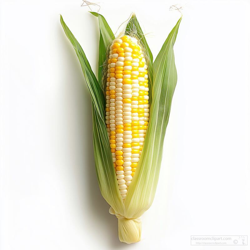 A single ear of corn on the cob stands out against a clean white background. Its beautiful yellow and white kernels invite thoughts of summer meals grilling and freshness in each bite.