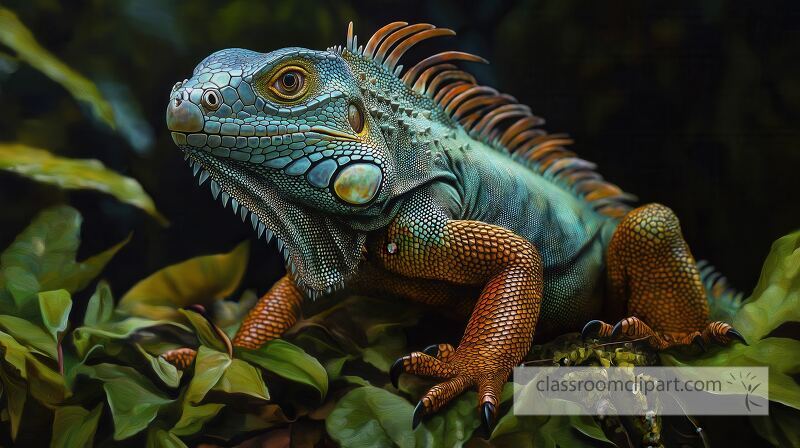 A vibrant green iguana is perched on lush green leaves in the tropical landscape of Costa Rica Its unique colors blend beautifully with the surrounding environment