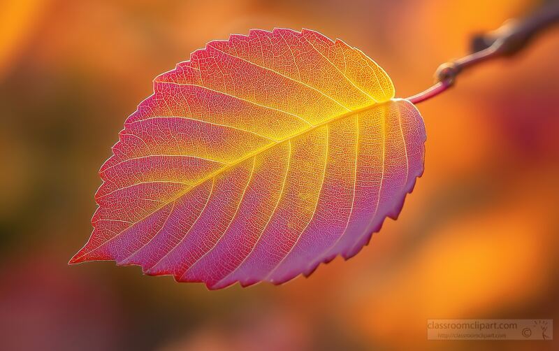 A close up of an autumn leaf showcases vivid colors of yellow and orange. The warm sunlight highlights its intricate details against a blurred earthy backdrop embodying the beauty of the season.