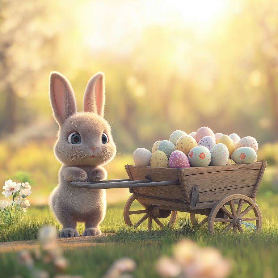 A happy bunny explores a flower filled meadow pulling a wagon of Easter eggs