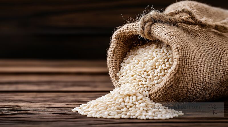 A burlap sack spills white rice grains onto a rustic wooden table The setting highlights the natural texture of the burlap and the smoothness of the rice creating an inviting scene