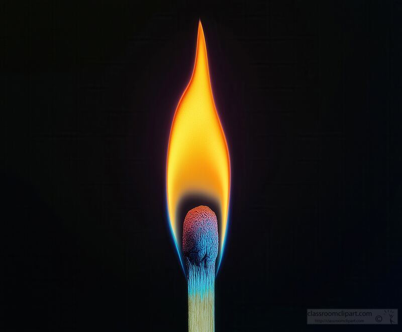 Vibrant flame rises from a matchstick showcasing a beautiful gradient of colors against a pitch black backdrop. The bold contrast highlights the flames mesmerizing dance and intricate details.