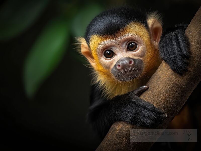 A realistic capuchin monkey hangs from a tree branch in a lush green environment, showcasing its playful nature and keen curiosity. Brilliant colors highlight its unique features.