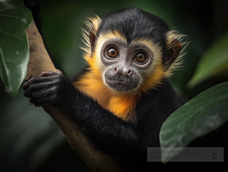 A curious capuchin monkey clings to a sturdy tree branch, surrounded by vibrant green leaves. Its expressive eyes reflect the beauty of its natural environment.