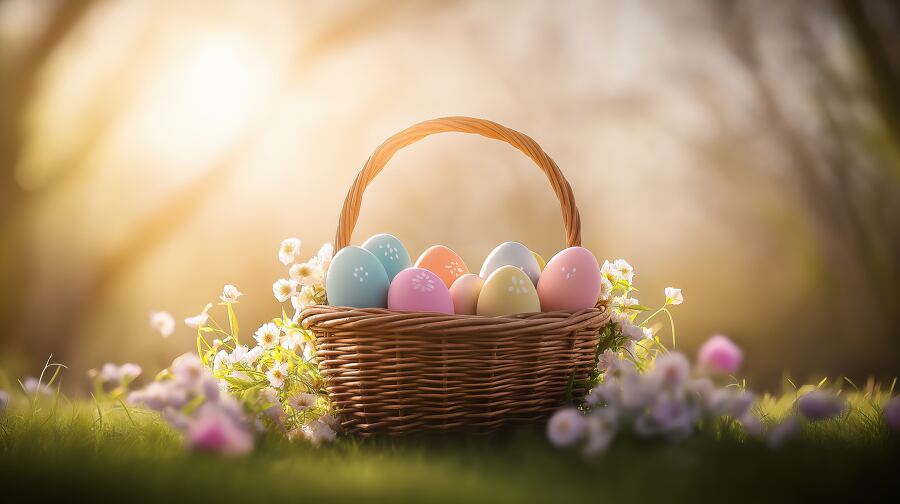 A serene Easter morning with a basket filled with pastel colored eggs and flowers