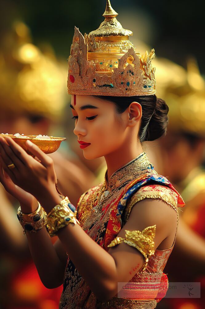 Beautifully adorned in traditional attire, a young woman participates in the Songkran Festival, offering prayers and blessings amidst vibrant celebrations filled with joy and cultural significance.