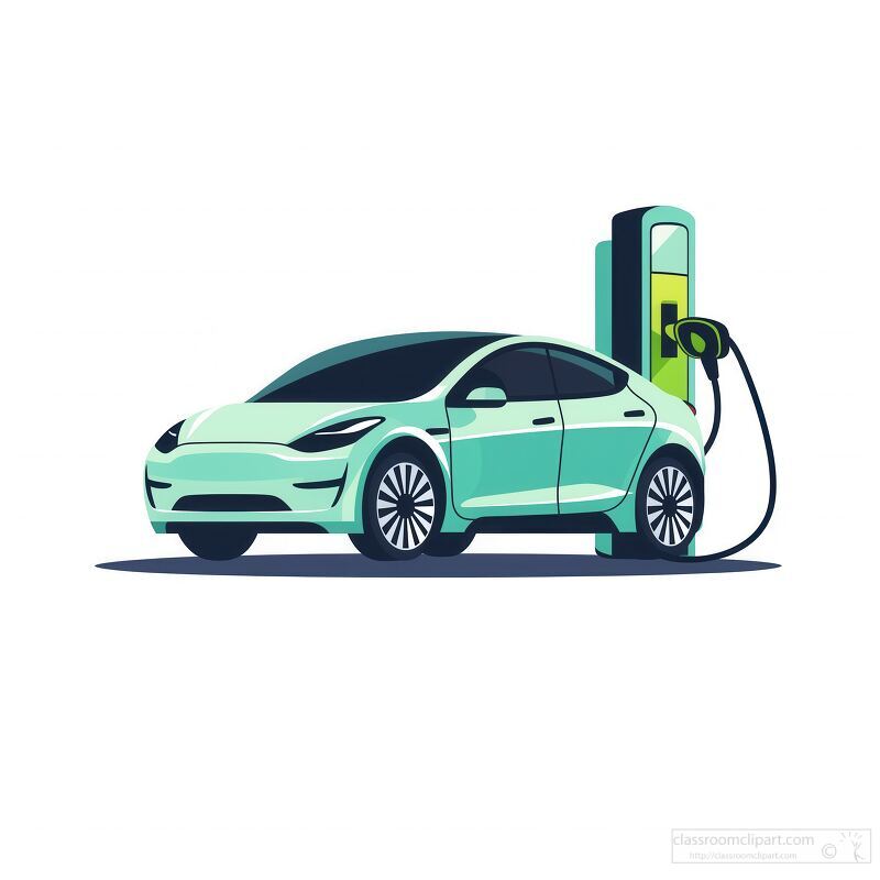 A modern electric car is connected to a charging station showcasing a simple and clean design. The bright colors pop against a white background highlighting eco friendly technology.