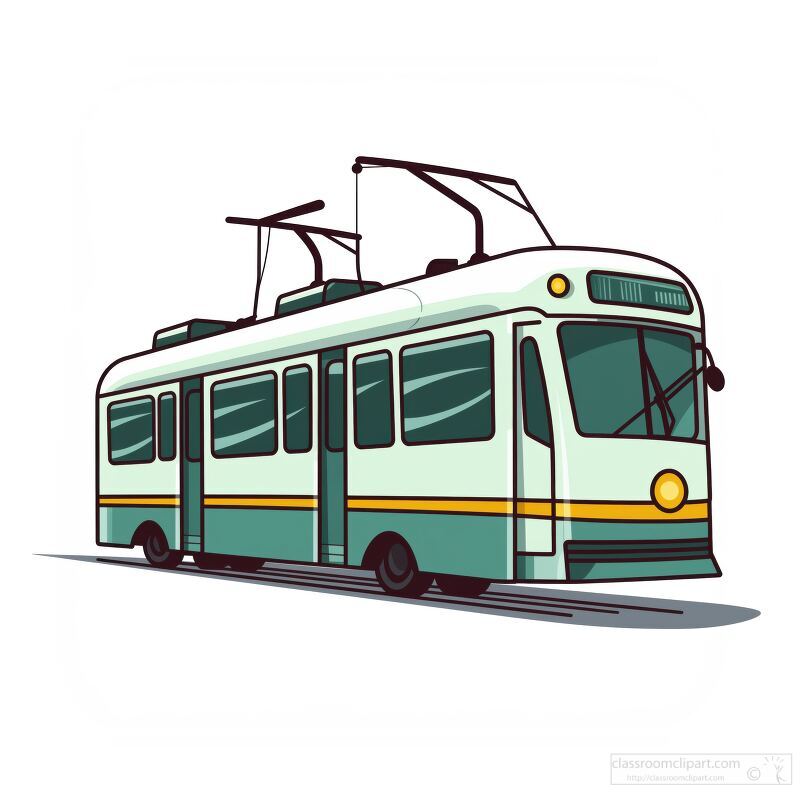 A whimsical tram travels along a clean white background showcasing its retro design and vibrant details. The illustration captures the charm of public transport in a fun way.