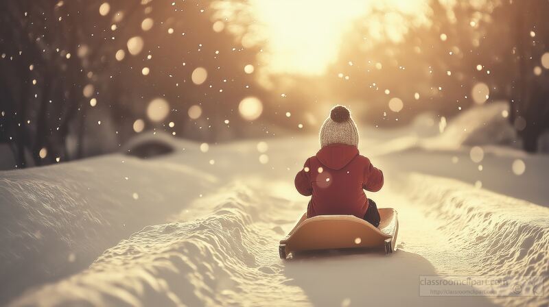 In a beautiful snowy landscape a child in a cozy red jacket rides a sled. Soft light glimmers through gentle snowfall creating a playful and enchanting winter atmosphere.