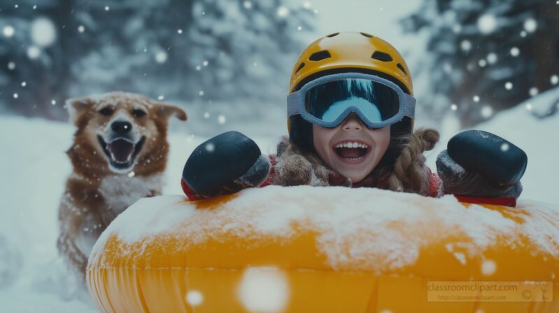 A child in a helmet and goggles gleefully slides down a snowy hill on a yellow inflatable tube with a playful dog running alongside as gentle snowflakes fall around them.