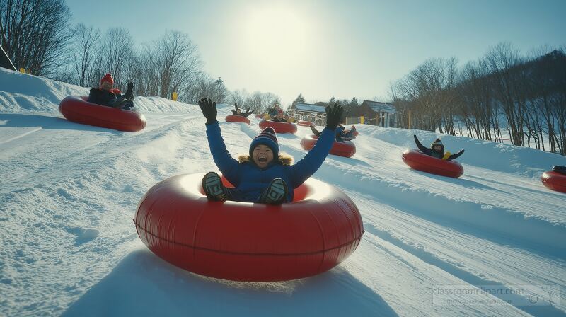 Excited kids slide down snowy lanes on vibrant red inflatable tubes under a bright sun. Laughter fills the air as they race joyfully towards the camera.