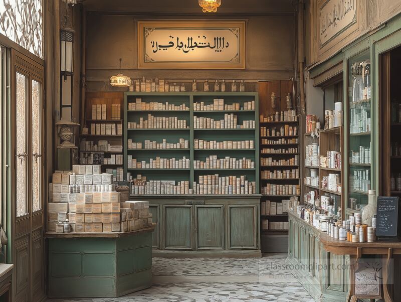 Inside a beautifully preserved Arabic building, green shelves display an array of traditional remedies and medications. The entrance sign invites visitors to explore this nostalgic pharmacy.