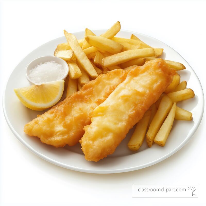 Freshly prepared fish and chips on a white plate featuring crispy golden fish fillets alongside golden fries A wedge of lemon and a small dish of salt complete the meal