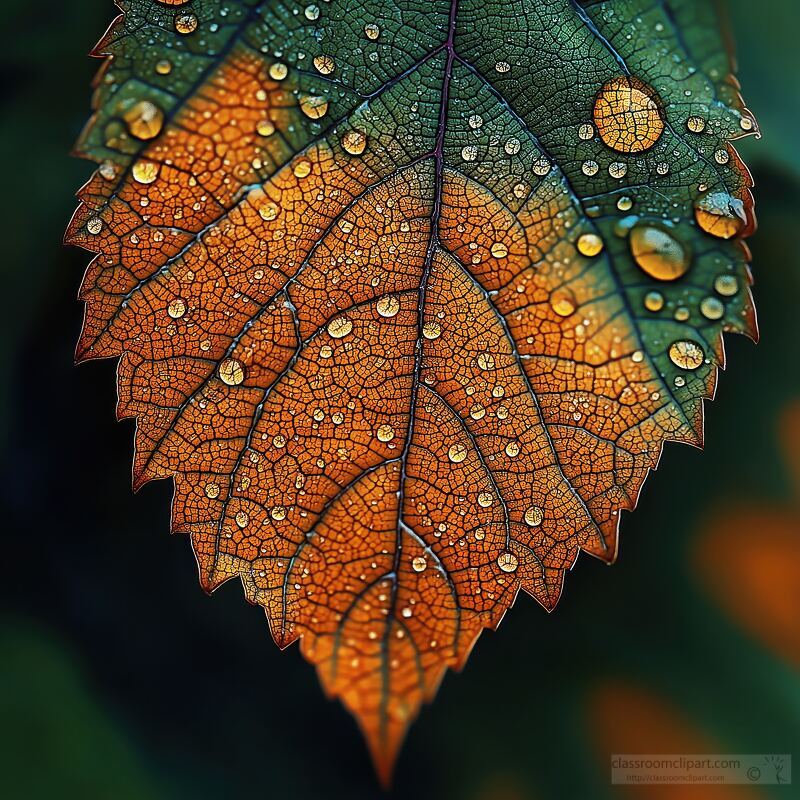 A detailed view of a colorful leaf showcasing intricate patterns and textures. Raindrops cling to its surface enhancing the beauty of its rich green and orange hues.