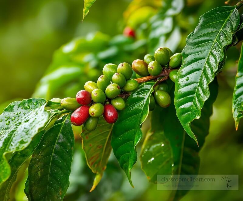 Branches of coffee plants bearing both ripe red and unripe green coffee beans are surrounded by vibrant green leaves This scene captures the essence of Costa Ricas coffee culture