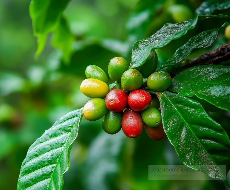 Coffee beans in various stages of ripeness are growing on lush green plants in Costa Rica The vibrant colors highlight the beauty of the landscape and the coffee cultivation process