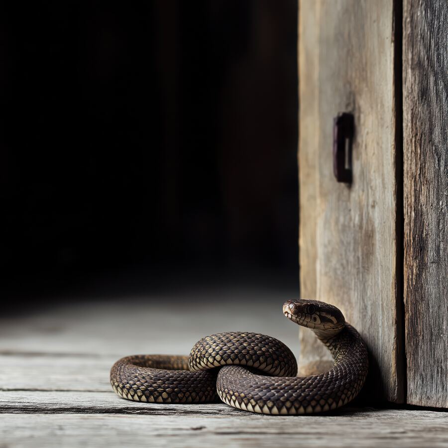 A coiled snake sits quietly next to a weathered wooden door waiting patiently in low light