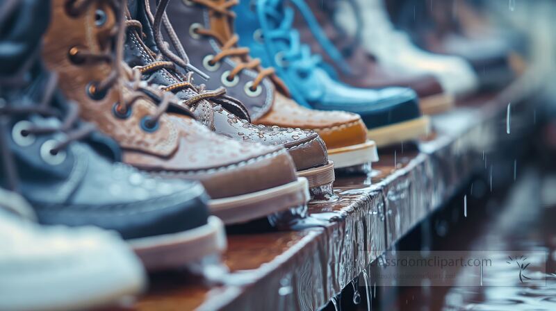 A curated lineup of pristine shoes showcases meticulous care, one being brushed gently, while shimmering droplets illuminate the scene, adding an artistic flair.