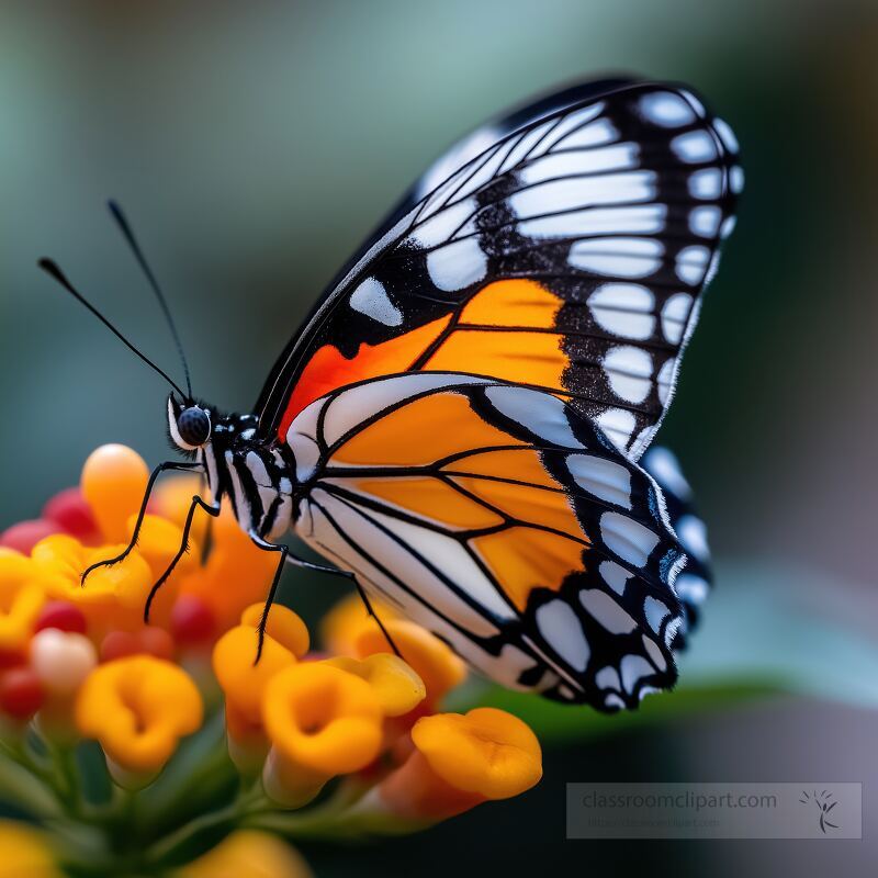 A striking butterfly with orange and black wings delicately rests on bright yellow and orange flowers The setting showcases a lush green backdrop highlighting natures beauty