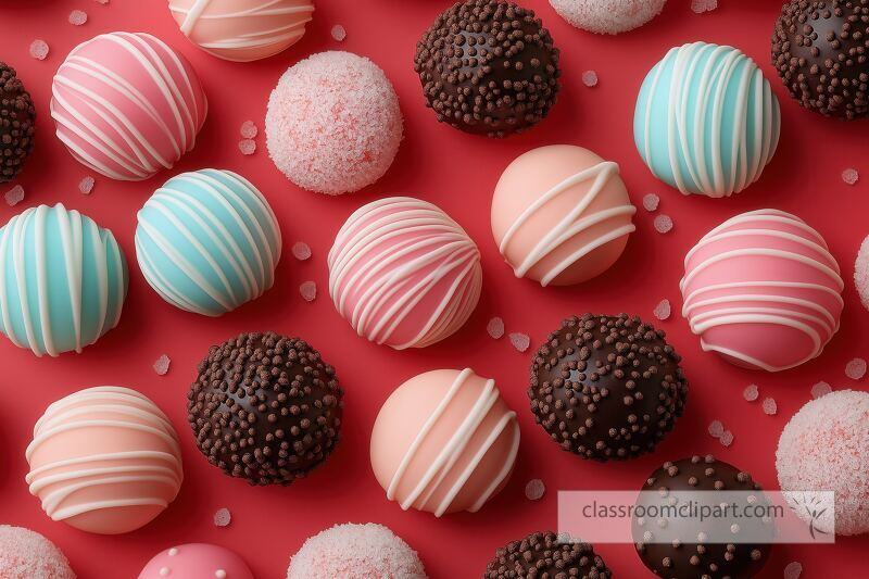 Deliciously decorated sweets are arranged in various colors over a bright red surface The treats include round shapes in shades of pink blue and brown with unique toppings that attract attention