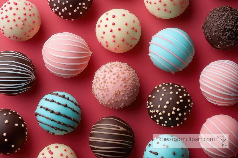 Various dessert balls in different colors and designs are arranged on a vibrant red background The treats showcase an array of textures and toppings creating an appealing display