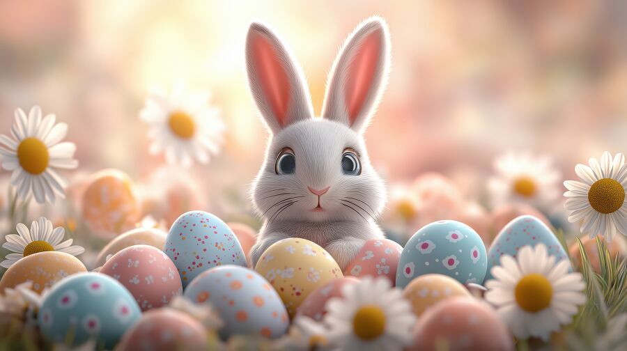 A cheerful rabbit surrounded by colorful eggs and bright spring flowers creates a festive vibe