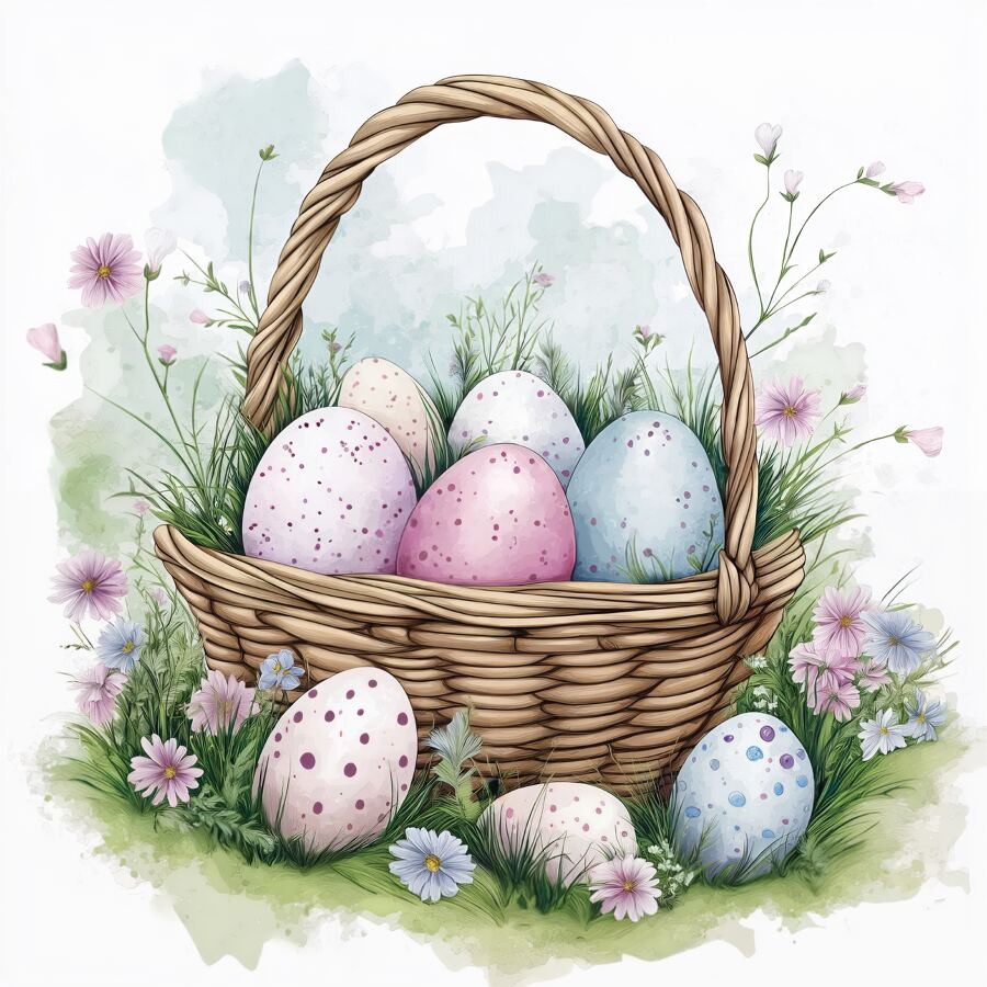 Beautifully decorated easter eggs are nestled in a basket surrounded by flowers and grass