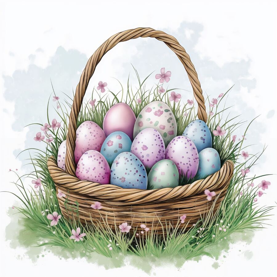 A basket of pastel Easter eggs rests on green grass surrounded by flowers