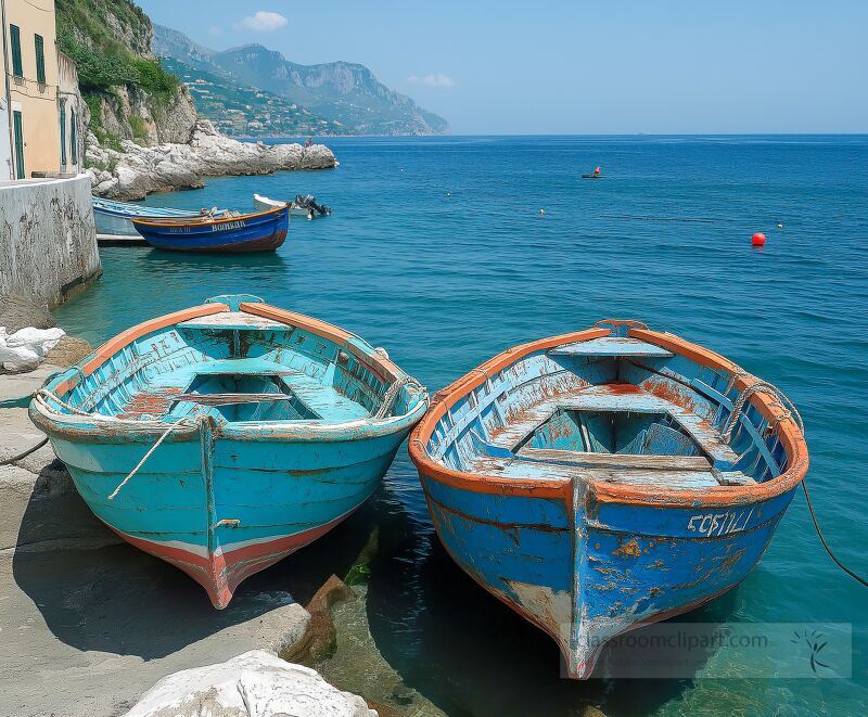 Bright fishing boats rest by the shore showcasing vibrant colors against the serene waters of the Amalfi Coast in Italy The picturesque landscape is dotted with hills and quaint buildings