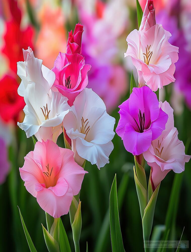 Colorful Gladiolus Blooms in a  Garden Setting