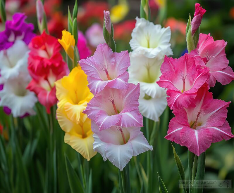 Colorful Gladiolus in a Garden Display