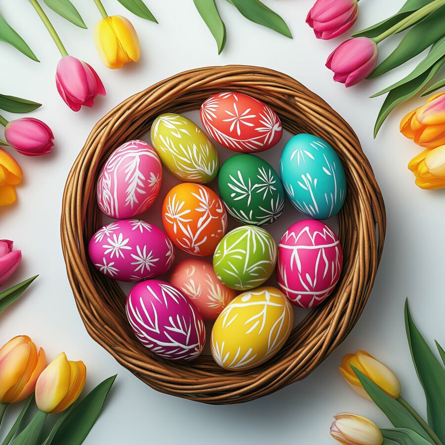 Vibrant handpainted Easter eggs rest in a basket surrounded by lovely tulips