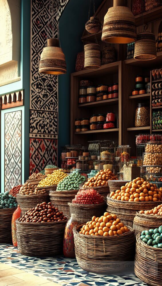 In an old Moroccan city, a vibrant market stall showcases exotic spices in baskets surrounded by colorful sweets and intricate Berber patterns, reflecting rich culture and tradition.