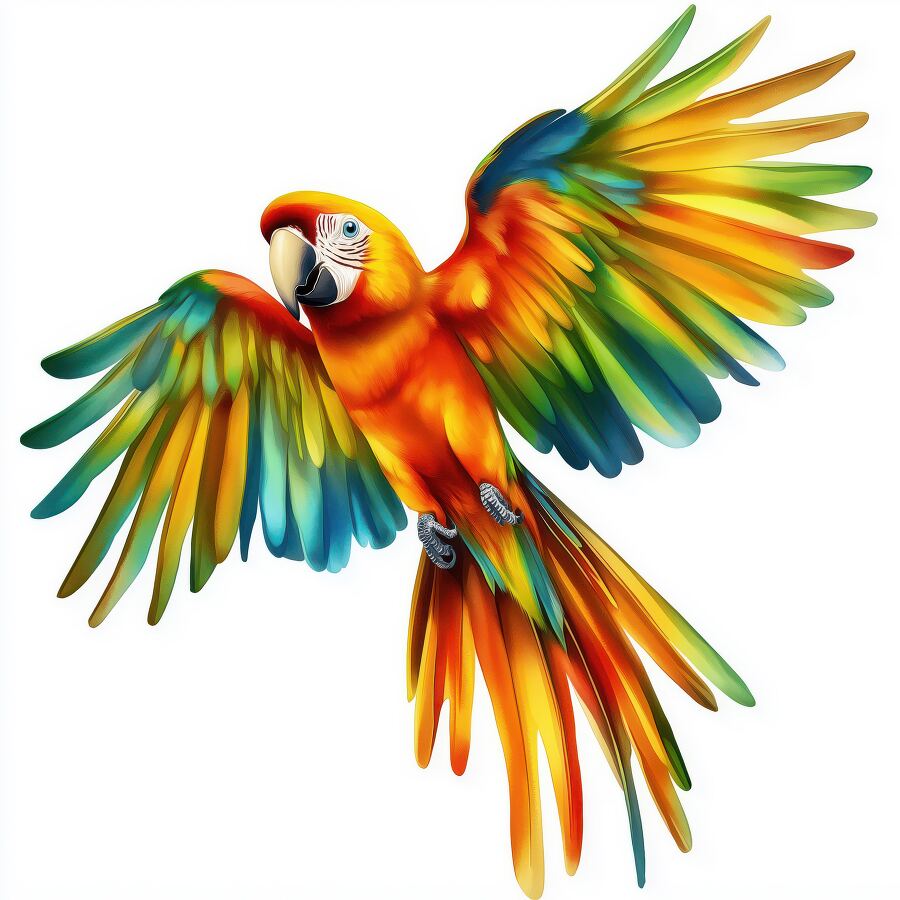 A vibrant parrot soars around the room showcasing its beautiful feathers and lively nature