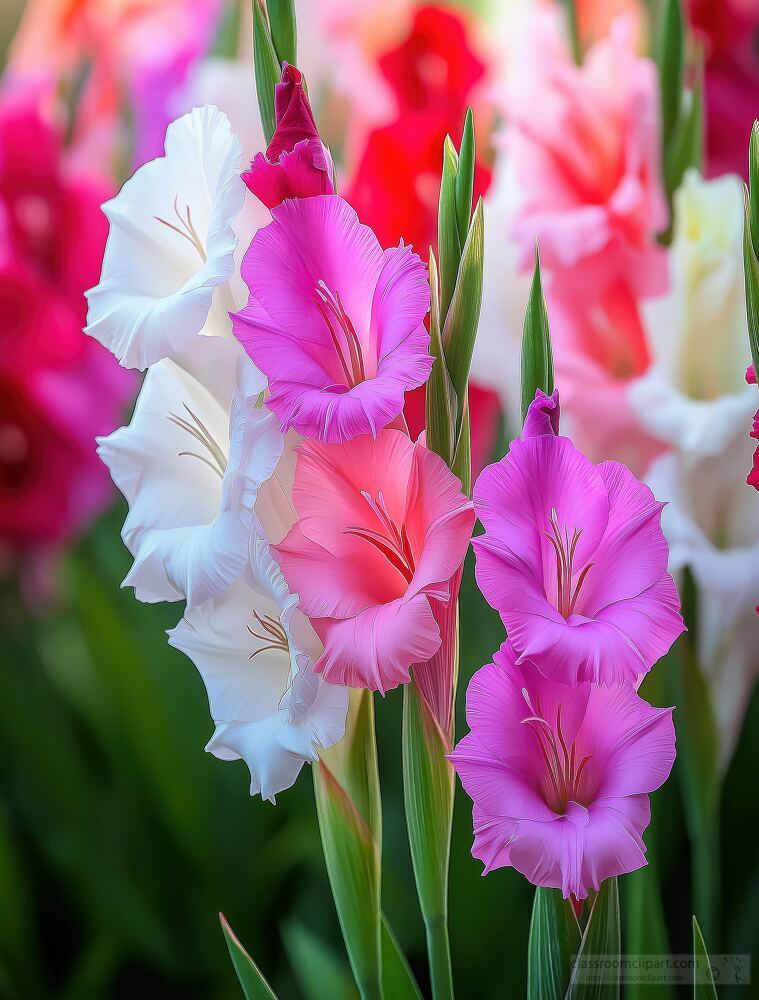 A garden is filled with blooming gladiolus flowers in shades of pink purple and white surrounded by lush green leaves. Their tall elegant shapes capture the beauty of nature.