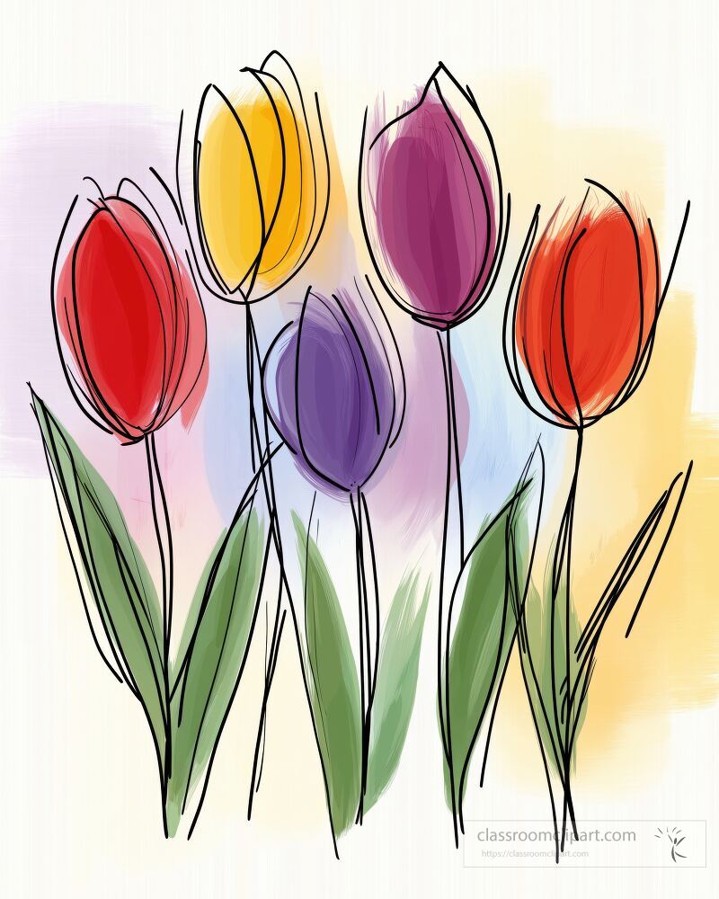 A lively flower market displays a charming arrangement of tulips. This minimalistic artwork captures the beauty of spring with simple lines and refreshing colors, evoking a boho vibe.