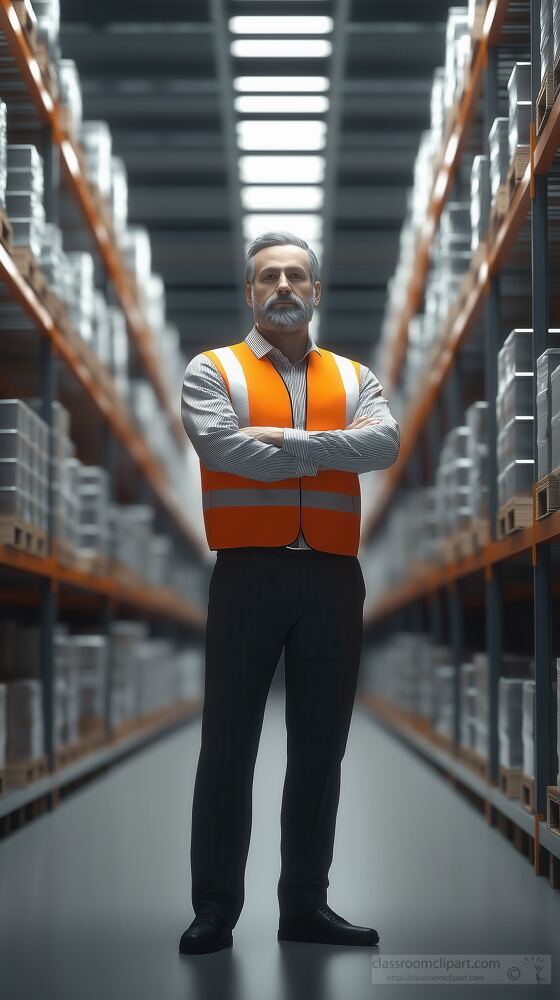 In a spacious warehouse a confident factory manager stands with arms crossed dressed in formal attire and a reflective safety vest surrounded by neatly organized equipment on shelves.