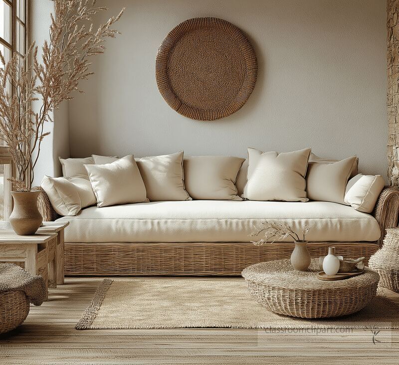 The living room features a comfortable rattan sofa with beige cushions surrounded by woven baskets and natural decor Soft light filters in through large windows creating a serene atmosphere