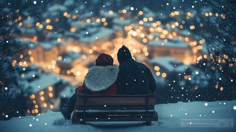 Two people sit on a wooden sled wrapped in a warm blanket. They are enjoying the beautiful view of a twinkling town below surrounded by falling snowflakes.