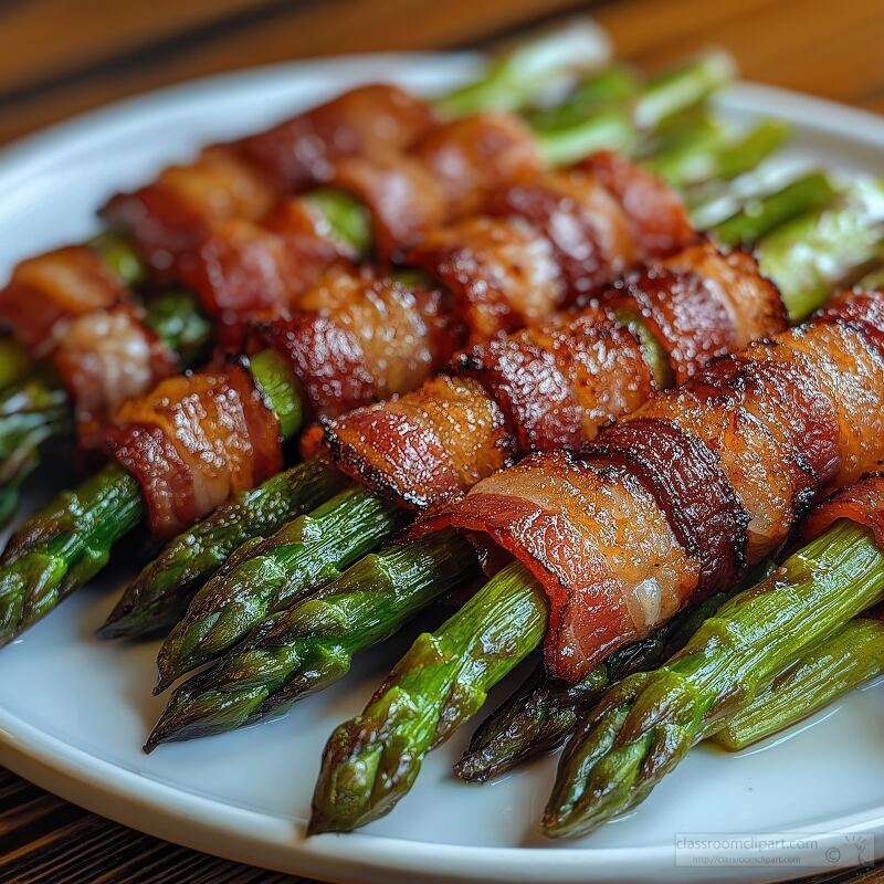 Freshly cooked bacon wrapped asparagus spears rest on a white plate showcasing golden bacon and vibrant green stalks. The warm wooden table enhances the inviting presentation.