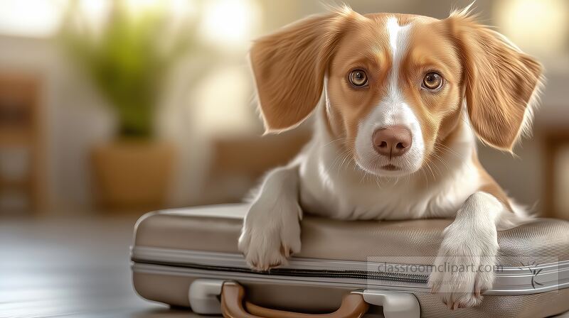 A charming dog lounges on a suitcase inside a cozy home The dog looks inquisitive and relaxed creating an inviting and warm atmosphere in the room